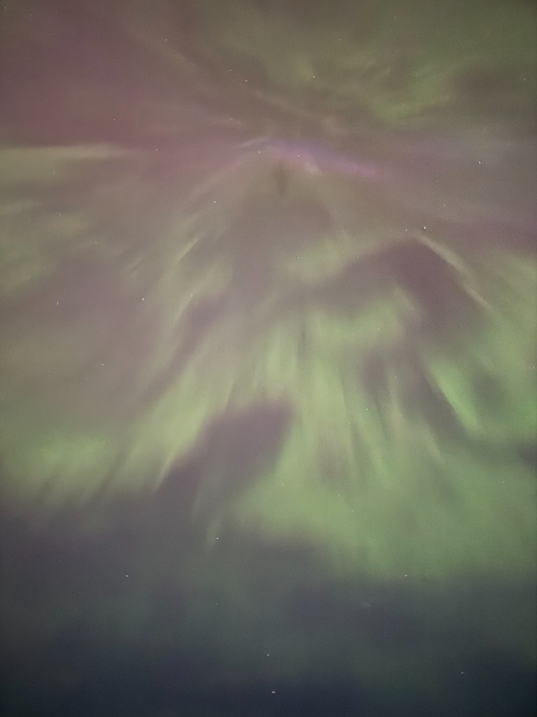 Northern lights forming a green and purple crown in the night sky