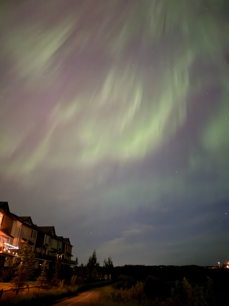 Green and purple northern lights stretching across the night sky