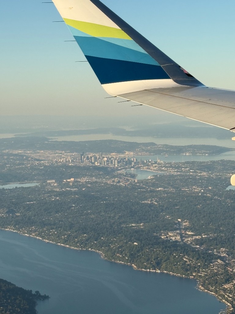 A coastal city seen from an airplane window beneath the wing